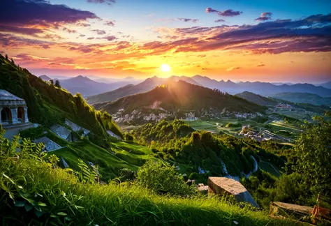 a view of a beautiful sunset over a valley with a small church