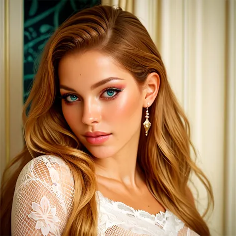 a close up of a woman with long hair wearing a white dress