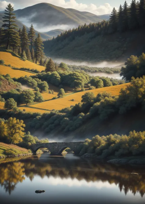 painting of a river with a bridge and a mountain in the background