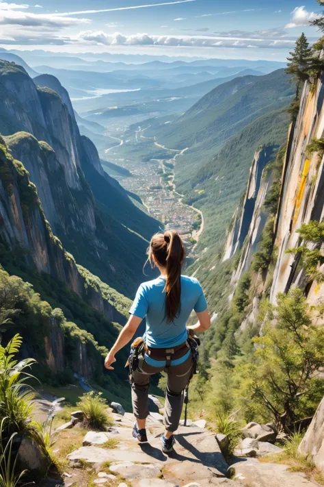 climbing, hands on cliff, mountain, distant city, sunny, high quality, masterpiece <lora:girllikefreesoloclimbing:.8>
 <lora:KFE...