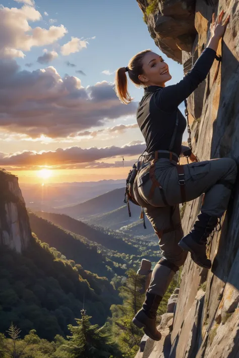 climbing, hands on cliff, mountain, park, dusk, sunset, high quality, masterpiece <lora:girllikefreesoloclimbing:.8>
 <lora:Queen:.7>, ponytail, grey hair, long sleeve shirt, cargo pants ,boots, harness, looking serious, smiling,