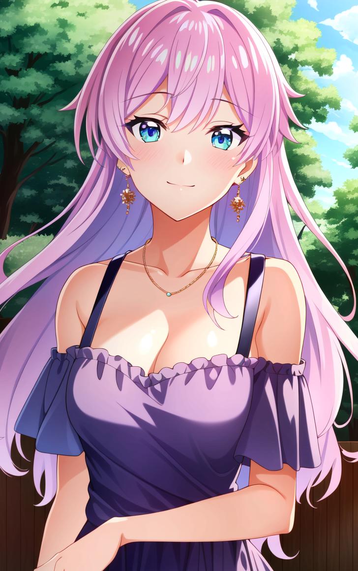 A woman with long purple hair and blue eyes in a purple dress - SeaArt AI