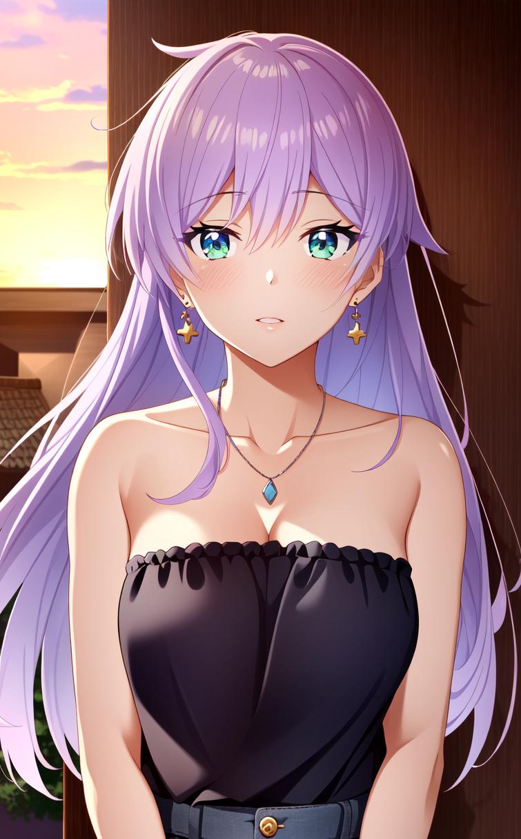 A woman with long purple hair and a black top - SeaArt AI