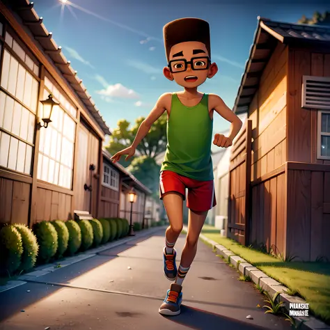 ((masterpiece, best quality)),(complex light),1boy,full body, solo, fresh, <lora:FreshSubwaySurfers1-10:0.6>, dark skin, glasses, orange tank top, shorts, running,