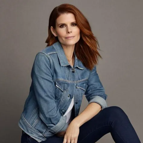 <lora:kate_mara:1>k4t3, kate-mara, 1girl, realistic, solo, denim, jewelry, jeans, brown hair, pants, long hair, ring, necklace, ...