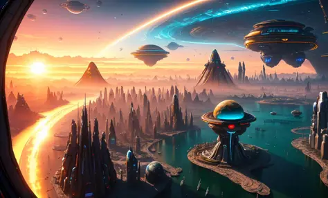 UHD, anatomically correct, textured skin, ccurate, super detail, high details, award winning, best quality, high quality,future world,city in an oasis, Science and technology sense architecture, A giant robot, There are two planets in the sky, Tiny human b...