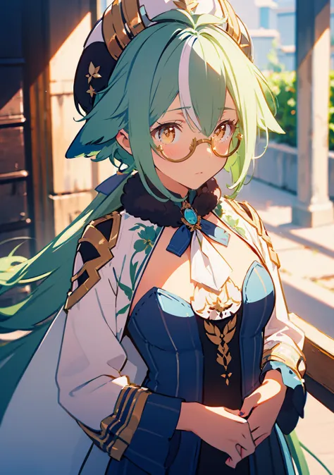 anime girl with green hair and blue dress standing in front of a building