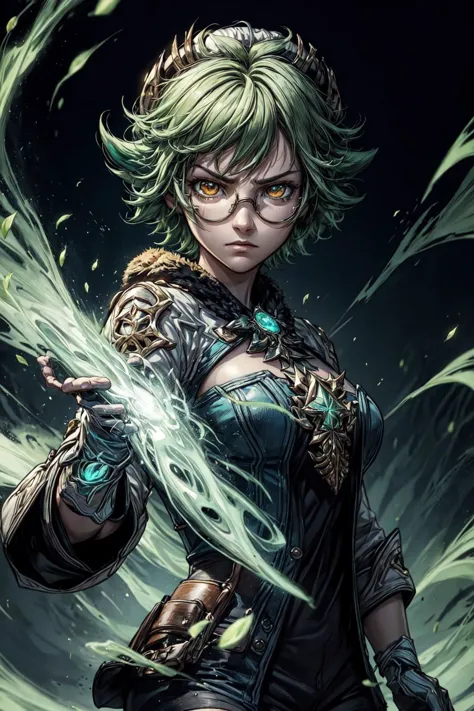 thick outlines, comics, photorealistic, 1girl, solo, cowboy shot, angry, casting magic, wind power, green power, green aura, green magic, tornado, <lora:sucrose1:1>, sucrosedef, short hair, orange eyes, glasses, detailed background, detailed face, detailed eyes, <lora:add_detail:0.7>