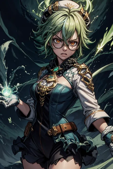 thick outlines, comics, photorealistic, 1girl, solo, cowboy shot, angry, casting magic, wind power, green power, green aura, green magic, tornado, <lora:sucrose1:1>, sucrosedef, short hair, orange eyes, glasses, detailed background, detailed face, detailed eyes, <lora:add_detail:0.7>