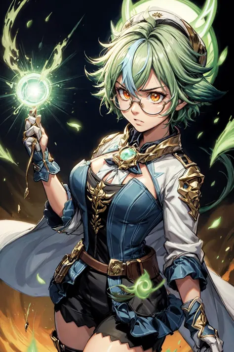 a woman with green hair and a sword in her hand