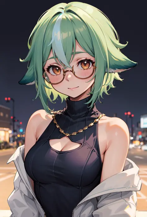 winnie_olis, 1girl, solo, eyewear on head, green hair - SeaArt AI