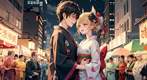 anime couple in kimono outfit standing in the middle of a crowded street