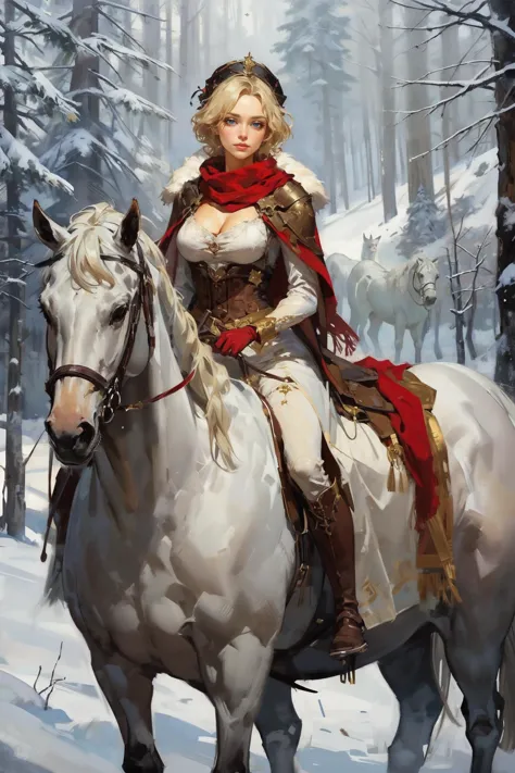 masterpiece, detailed, beautiful, oil painting, 1girl, empress, royal hat, wearing a white furcoat, white fur, riding a white ho...