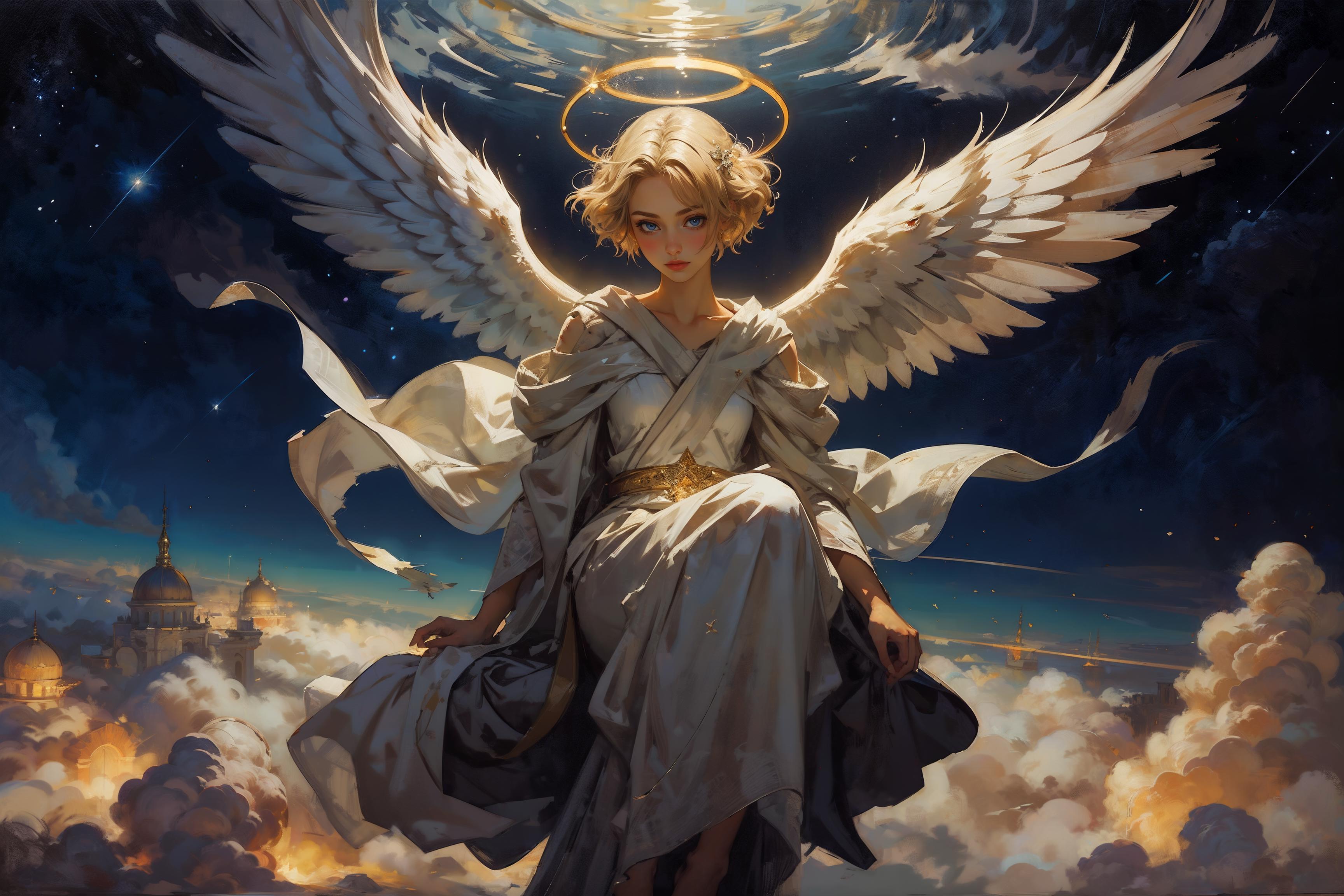 Anime angel girl flying in the sky with a cross above her - SeaArt AI