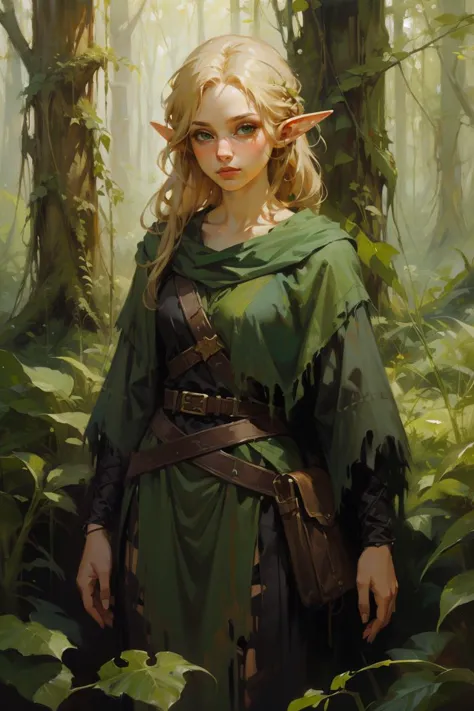 (oil painting:1.1),masterpiece, best quality, one young cute woman elf, blonde hair, green torn clothes, nature, green theme, fo...