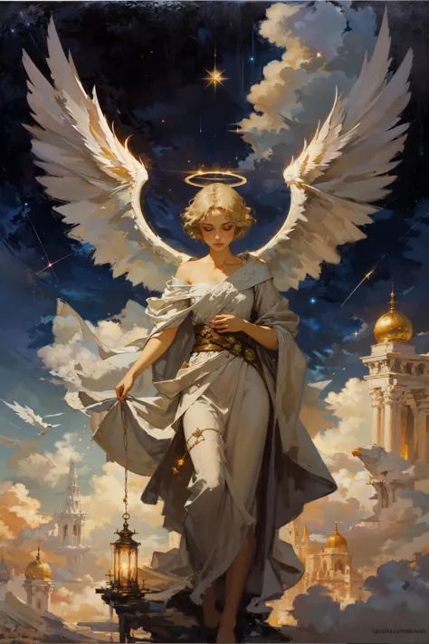 obra de arte, detalhado, lindo, pintura a óleo, 1 garota, anjo, large anjo wings, aréola, tecido branco, flutuando no ar, No céu, transfiguração, iluminação celestial, Nuvens, romântico, mágico, fantasia, estrela cadente, astral BREAK cabelo loiro curto, cabelo amarrado 