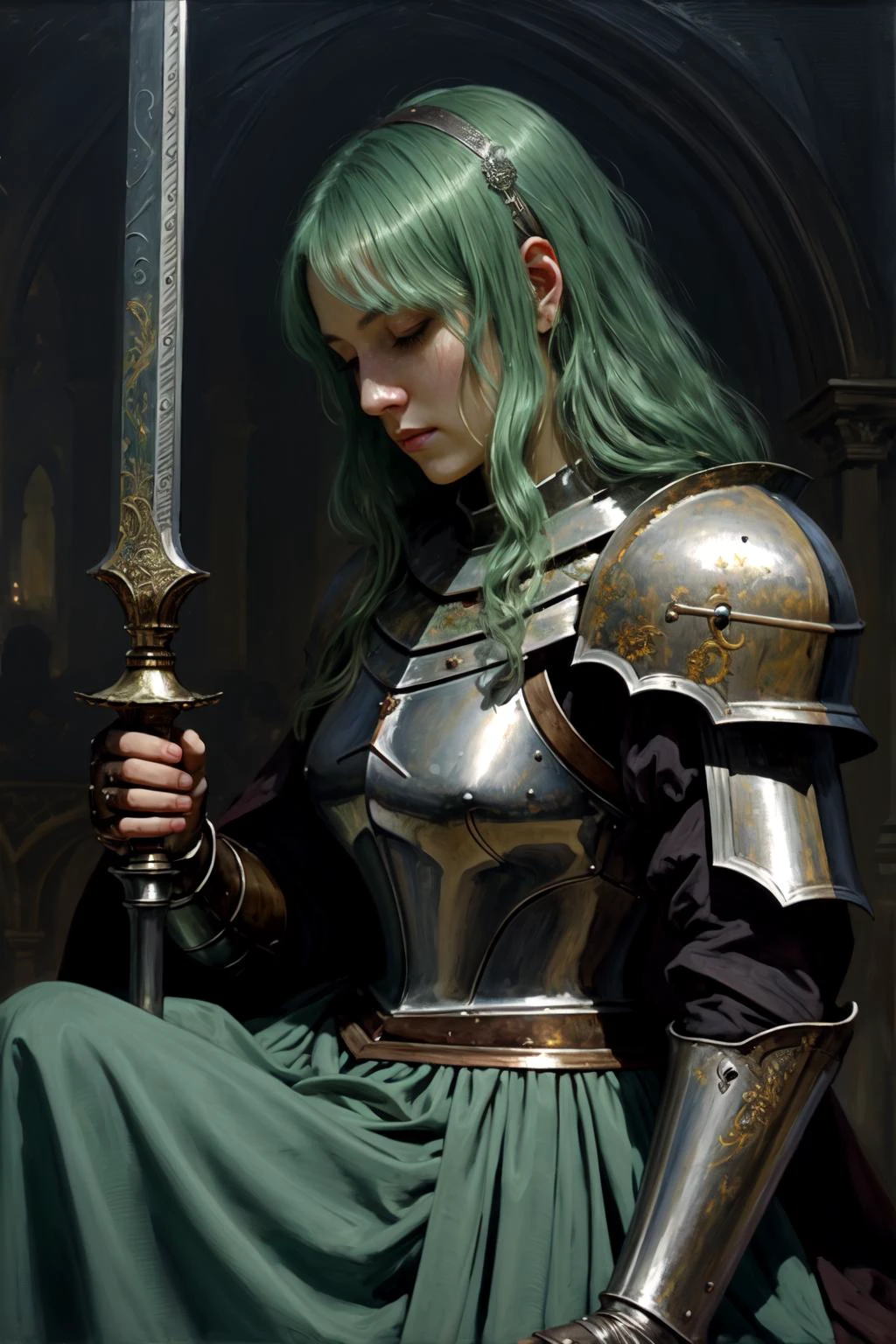 (best quality, masterpiece, high resolution:1.2),  A detailed oil painting of a beautiful,captivating painting,centered,closeup,zoomed, (sad female knight sitting and holding a sword:1.2),cute,elegant,tears,melancholy,wearing detailed armor,pauldrons,gloves,blood on face,Mint green hair,floating hair, BREAK
(encircled by a group of beautiful, passionate and loving women:1.25). The detailed composition is influenced by the artistic styles of Tadeusz Pruszkówski and Juraj Julije Klovic and Alessandro Biffignandi, drawing inspiration from the dark and emotionally charged atmospheres of "Dark Souls" and "The Lord of the Rings and manga "Berserk." The narrative within the canvas beautifully portrays the knight's melancholy, juxtaposed against the backdrop of the joyful and loving atmosphere created by the surrounding women.
dark fantasy,vibrant colors,( nsfw,uncensored),brushstrokes,oil on canvas, gloomy, poignant atmosphere,melancholic aura, hauntingly captivating,magnificent, dark fantasy art,(Canaletto Giovanni:0.25),(Art Nouveau:0.1)
