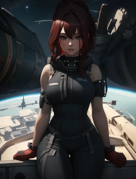 ( masterpiece, best quality, highres:1.3) <lora:CyberClaire:0.8> CyberClaire, 1girl, long hair, brown eyes, on space station, stars and space background