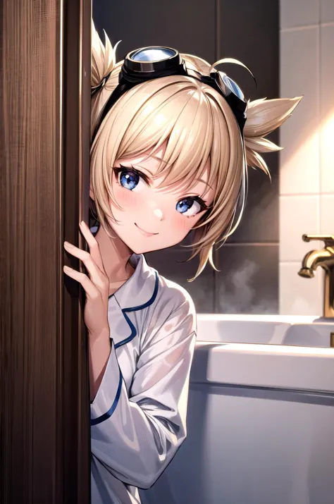 anime girl with goggles peeking out of a bathroom door