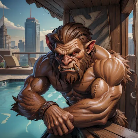 a-man bugbear (Googie-art-style-:1.3) bounced-lighting beige-skin three-quarter-turn 3/4-body-pose upper-body-view looking-at-the-viewer face-focus skin-pores t-shirt shorts determined-facial-expression round-face long-quiff-haircut an-urban-rooftop-pool-with-city-views (masterpiece best-quality absurdres detailed ultra-detailed:1.3) (max-detail 4k-uhd:1.3)