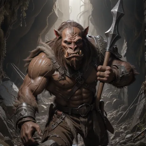 a close up of a man with a large axe in a cave