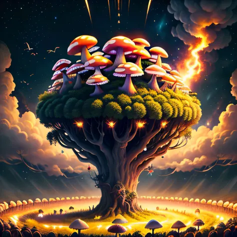 a painting of a tree with mushrooms growing out of it