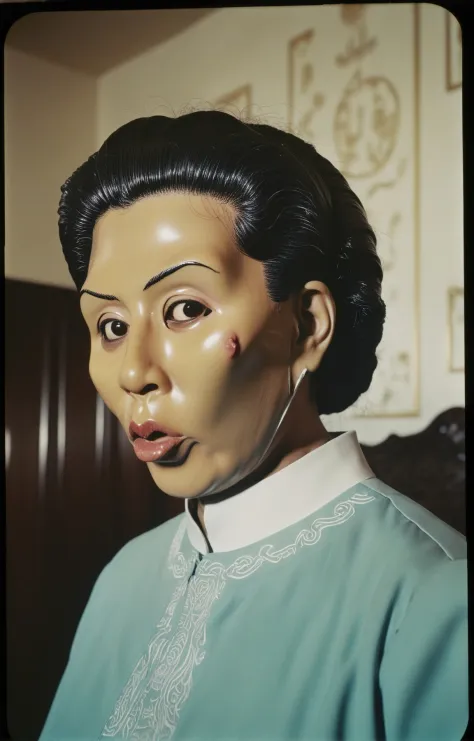 analog film photo. hip-hop theme, urban, dark and eerie extreme face close-up of a statuesque Saudi woman with a hungry expression (with a xi jinping mask:1.2), <lora:Creepy_Masks:1.2> still frame from a Nadia Lee Cohen video. Hard light, hard shadows, fad...