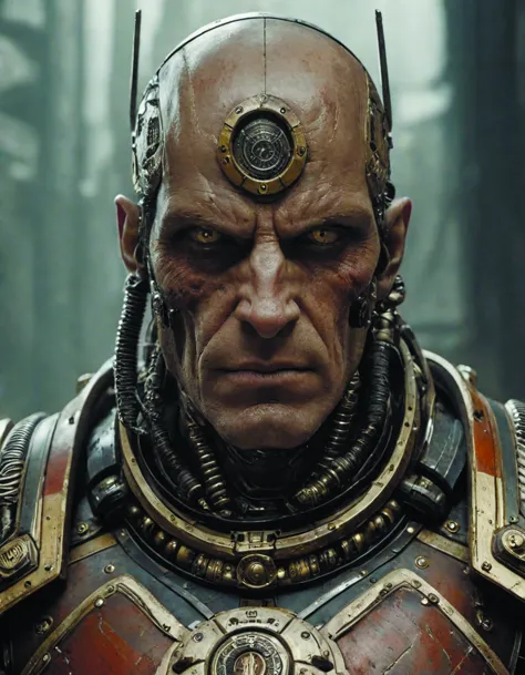 hyper realistic portrait of warhammer android face symmetric cinematic,chaos marine,full head,greg rutkowski,james gurney,mignol...