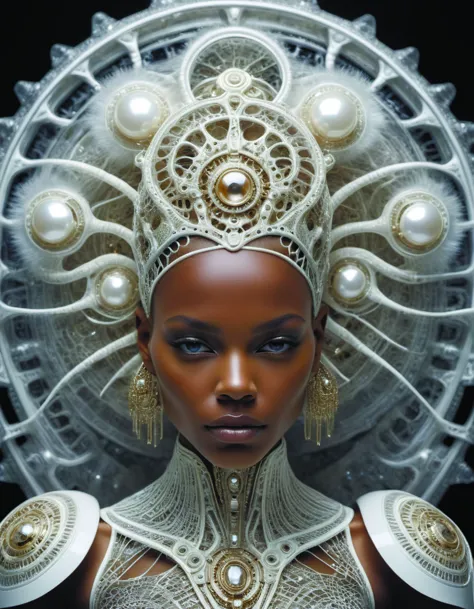 complex 3d,hyper detailed,ultrasharp,beautiful biomechanical afro female cyborg portrait with a porcelain profile face,natural s...