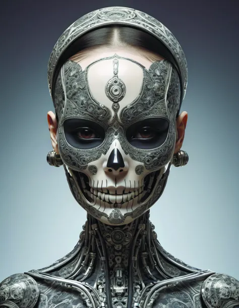 beautiful skull cyborg portrait of a femme fatale girl with detailed patterns of thai traditional dress,highly detailed concept ...