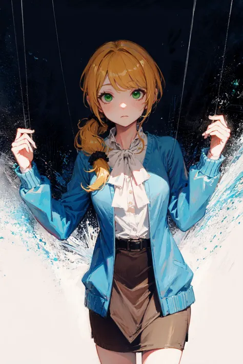 anime girl with blonde hair and blue jacket holding a string