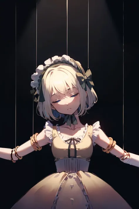 masterpiece,highres,best quality,1girl,solo,<lora:string-wasabiya:1>,suspstring,(beautiful face),expressionless,black background,suspension,doll joints,head tilt,outstretched arms,<lora:clair:1>,clairvaux,,bonnet,frills,dress,bow,sleeveless,dark,noose,strangling,blue eyes,half-closed eyes,