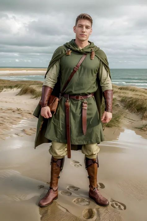 a man in a green outfit standing on a beach next to the ocean