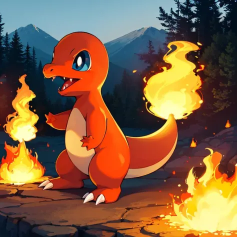 ((masterpiece,best quality)), absurdres,
Charmander_Pokemon,   flame-tipped tail, pokemon_\(creature\),
full_body, facing viewer, looking at viewer,
embers, explosion, fangs, swirling flames,
mountain, nature, no_humans,  outdoors,  sky, tree