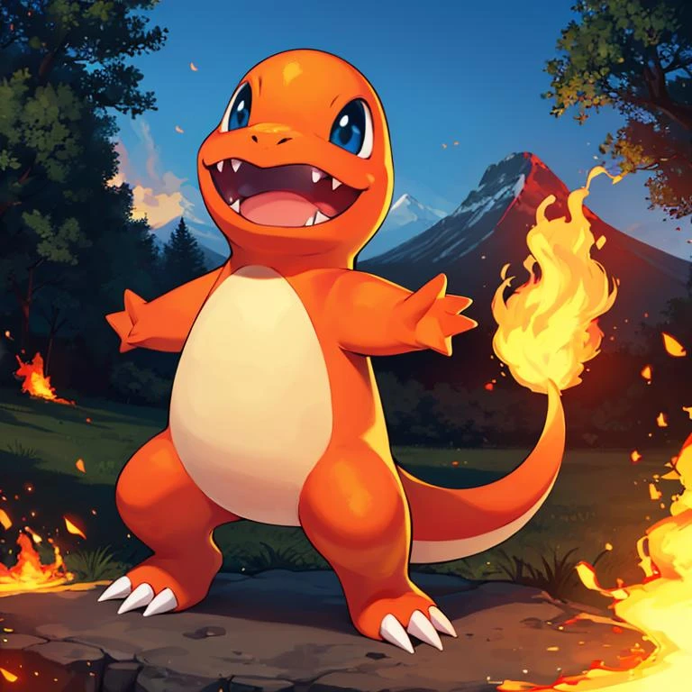 A close up of a pokemon character standing in front of a fire - SeaArt AI