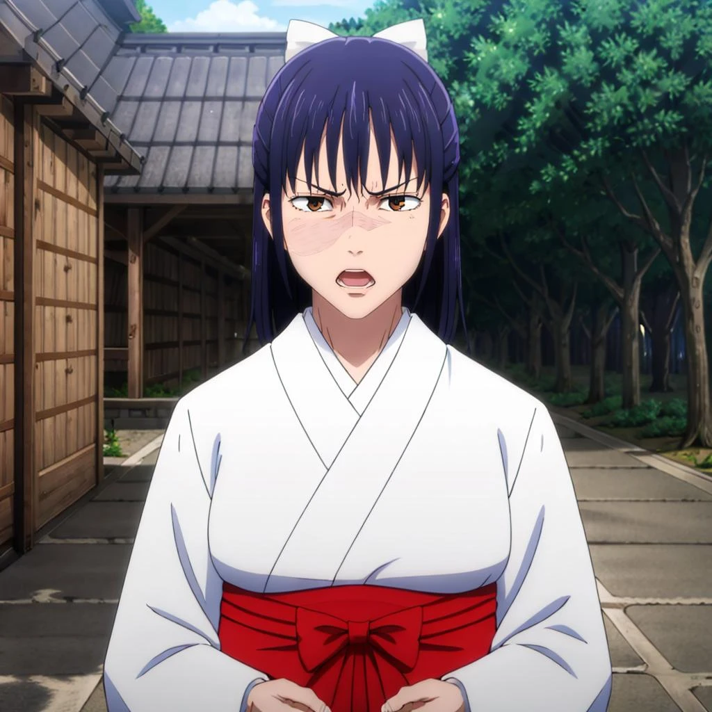 masterpiece,highres,high quality,extremely detailed,solo,outdoors,
angry,
UtahimeIori,1woman,
facial burns,
hair bow,
miko,furisode,japanese clothes,