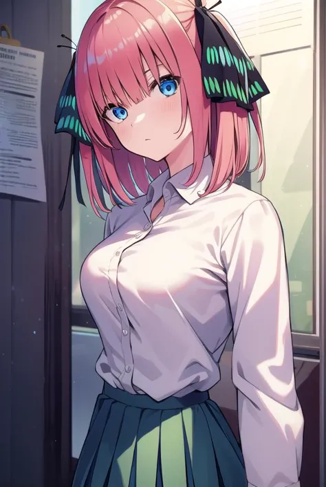 anime girl with pink hair and blue eyes standing in front of a door