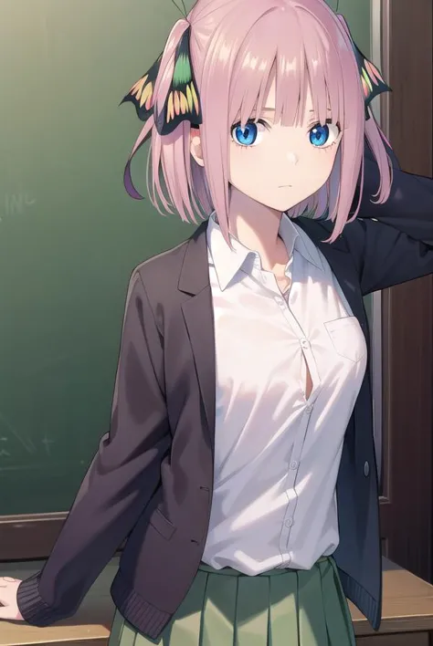 anime girl with pink hair and blue eyes standing in front of a blackboard