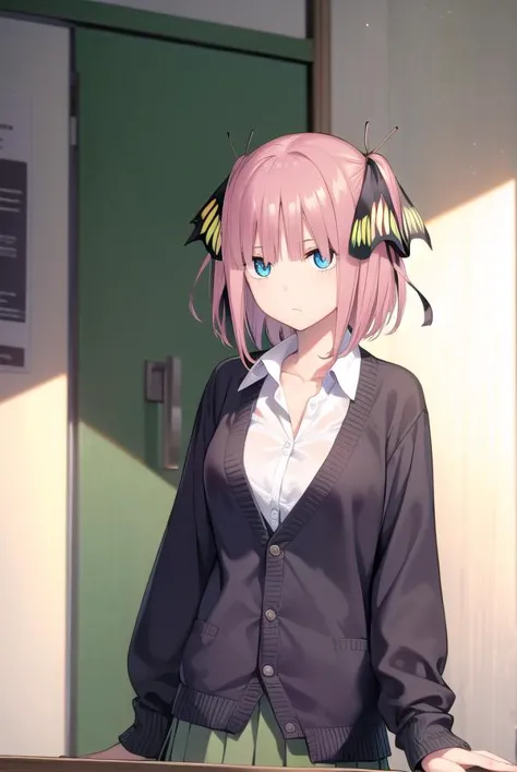 anime girl with pink hair and blue eyes standing in front of a green door