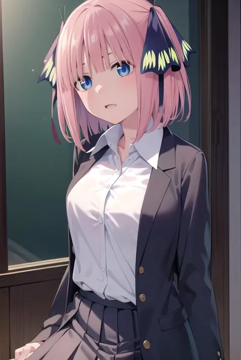 anime girl with pink hair and blue eyes in a school uniform