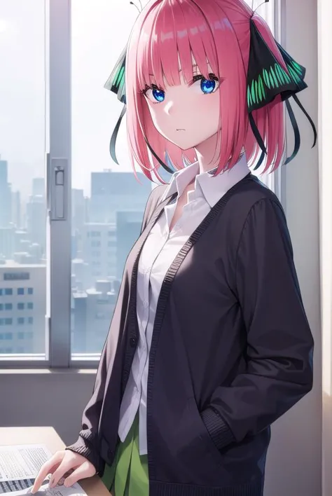 anime girl with pink hair and green pants standing in front of a window