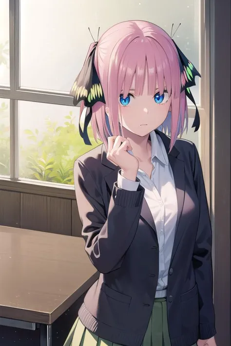 anime girl with pink hair and blue eyes posing in front of a window