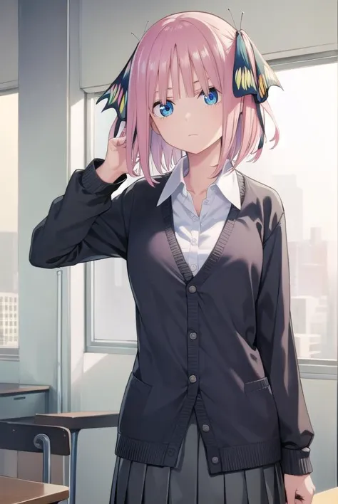 anime girl with pink hair and blue eyes in a classroom