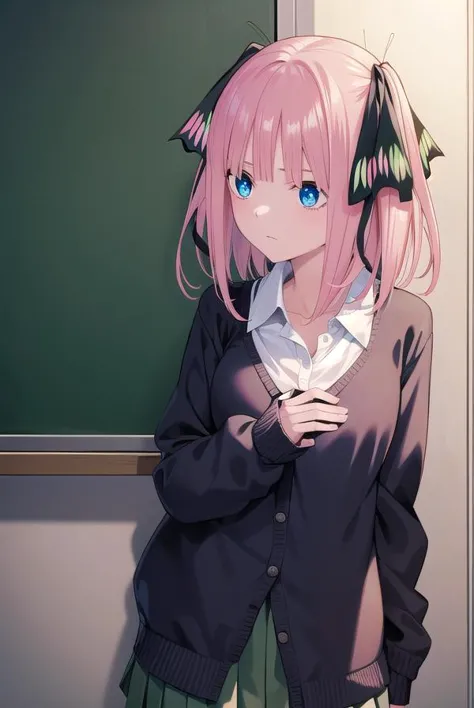 anime girl with pink hair and blue eyes standing in front of a blackboard