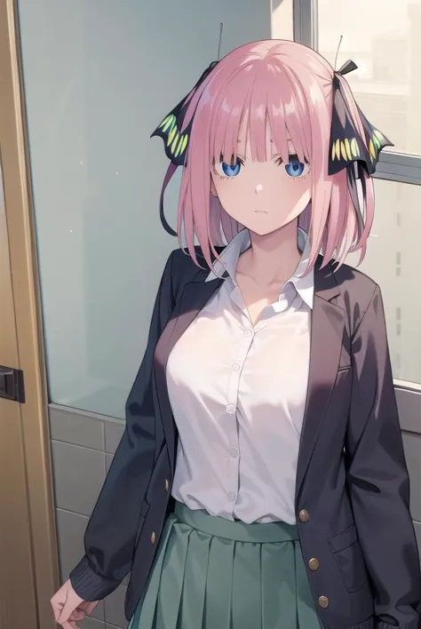 anime girl with pink hair and green skirt standing in front of a window