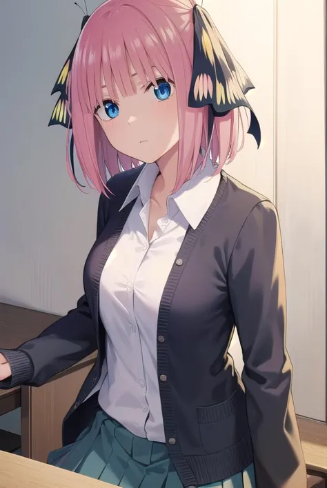 anime girl with pink hair and blue eyes in a school uniform