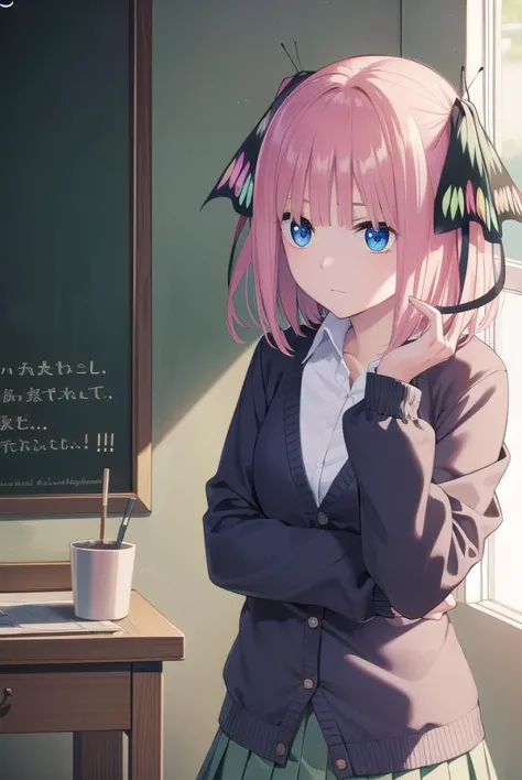 anime girl in school uniform standing in front of a chalkboard