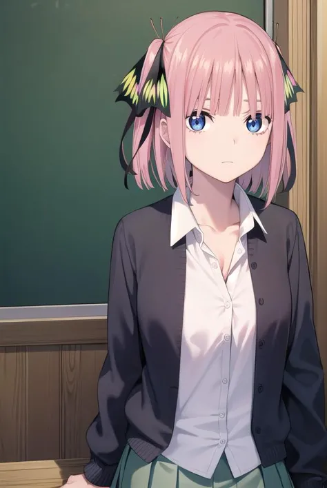 anime girl with pink hair and blue eyes standing in front of a blackboard