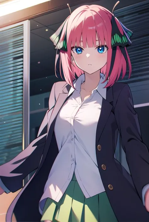 anime girl with pink hair and green skirt walking in front of a building