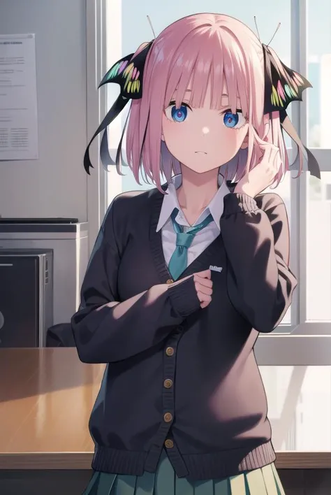 anime girl with pink hair and blue eyes in a school uniform